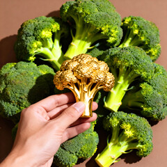 Golden Broccoli Symbolizing Wealth and Finance Among Fresh Vegetables