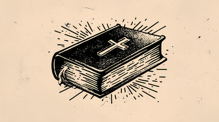 Vintage Hand Drawn Linocut Illustration of an Open Bible with Aged Paper and Classic Typography Evoking Traditional Printmaking Art