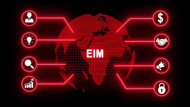 Global digital business EIM network animation. Futuristic neon digital business network animation with global connections, technology interface, and data communication icons.