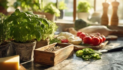Fresh Herbs and Vegetables Ready for Cooking in a Sunlit Kitchen.