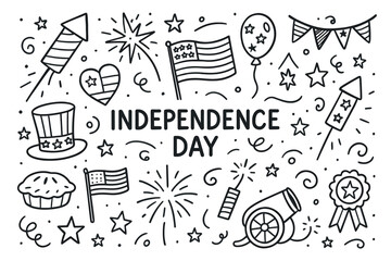 Independence day doodle with american flags and fireworks symbols