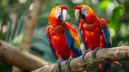 Pair of big parrot Scarlet Macaw, Ara macao, two birds sitting on branch, Brazil. Wildlife love scene from tropic forest nature