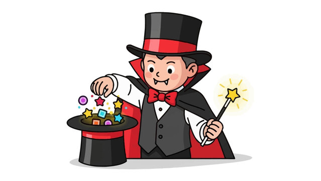 Enchanting Illusion: A young magician, with a flair for showmanship, conjures a spellbinding spectacle, pouring glittering stars and spheres from his top hat with his magic wand.