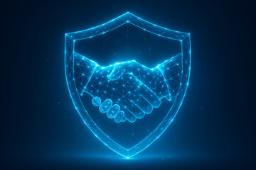 Futuristic digital handshake inside glowing cyber shield symbolizing trust and security