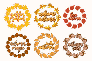 Autumn Wreaths Collection with Seasonal Quotes. Fall Season Wreaths and Sayings.Hand Drawn Autumn Wreath Set.