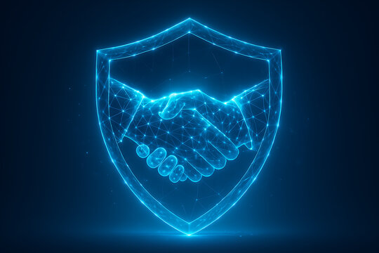 Futuristic digital handshake inside glowing cyber shield symbolizing trust and security - Powered by Adobe