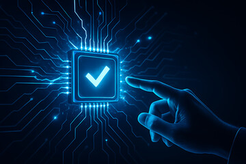 Futuristic technology concept of hand interacting with glowing verification microchip featuring check mark