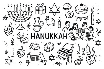 Hanukkah celebration doodles with menorah, dreidels, and family gathering