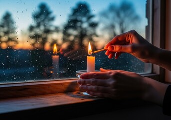 Person lighting a candle by a rainy window at sunset