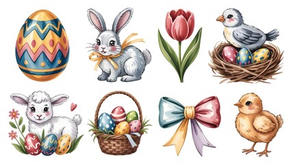 Easter collection with painted eggs, bunny, lamb, bird, chick, tulip, basket, and bow isolated on white background