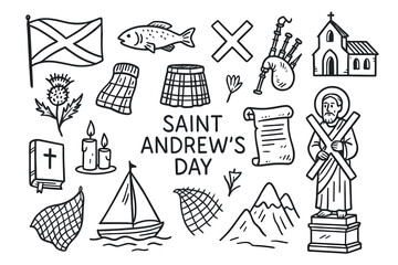 Saint andrew's day symbols: scottish icons and traditions illustrated in black and white
