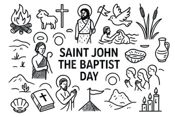 Saint john the baptist day symbols and icons in black and white