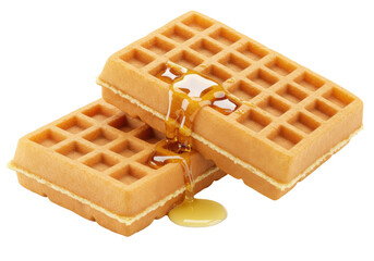Golden waffles with dripping syrup isolated on transparent background, breakfast dessert for food photography and recipe design