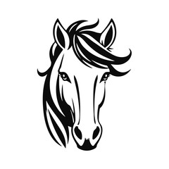 Horse logo template. Black and white silhouette of a horse head with a graceful mane. Elegant minimalist logo for branding, design and printing