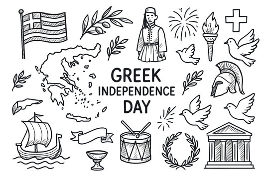 Greek independence day symbols: flag, spartan helmet, laurel, map, doves, temple, ship, fireworks