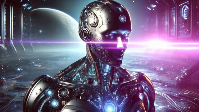 Highly detailed video of humanoid robot with metallic body and exposed circuits, bionic tech vibe

