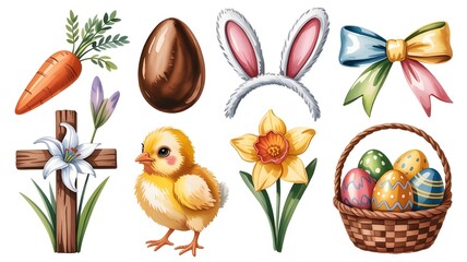 Collection of easter symbols including a chick, chocolate egg, bunny ears, carrot, cross, and basket of eggs, isolated on white background