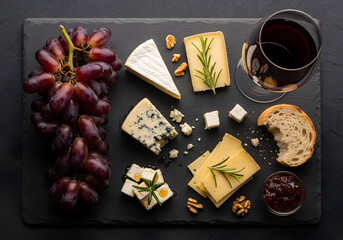 Gourmet cheese board with grapes, bread, jam, and wine, beautifully arranged on slate