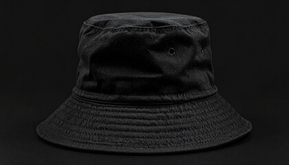 Black bucket hat with wide downward-sloping brim and cylindrical crown, textured synthetic material with visible stitching, displayed against dark background.