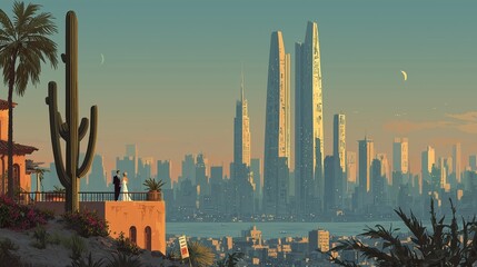 A couple stands on a balcony overlooking a futuristic city skyline at sunset, surrounded by lush greenery and cacti.
