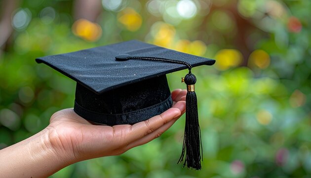 A close-up shot of a hand holding a graduation cap with a natural green background. A person holds a graduation hat in their hand, symbolizing the culmination of education and academic achievement