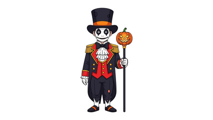 Halloween Specter: A spooky illustration of a dapper specter in a vintage outfit. He holds a pumpkin-topped cane. The ghostly figure stands upright, ready to bewitch. © Mahbuba