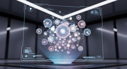 Photo of abstract holographic visualization of complex biological data and molecular structures in a futuristic lab