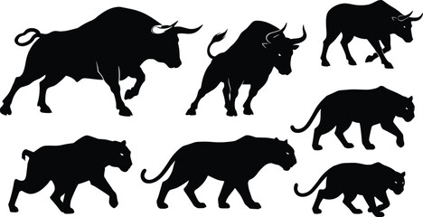 Wild bull and panther silhouette collection, powerful animal illustration, aggressive beast symbol, black vector design, strong wildlife artwork