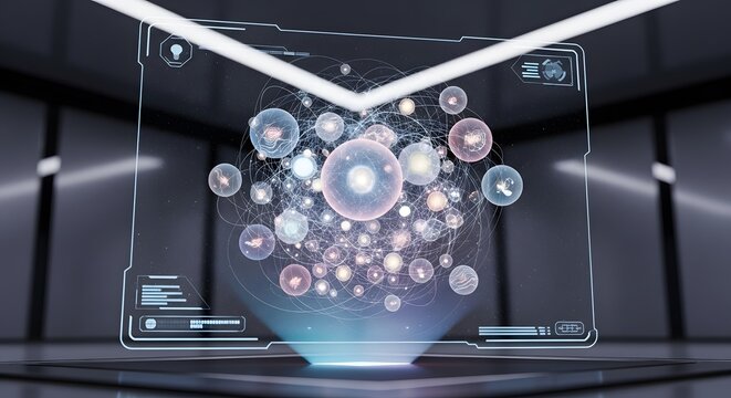 Photo of abstract holographic visualization of complex biological data and molecular structures in a futuristic lab