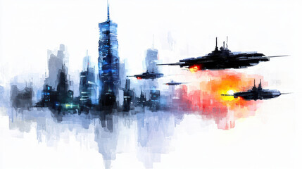 Futuristic city skyline with abstract buildings and flying vehicles, showcasing sci fi atmosphere and vibrant colors
