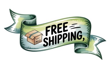 Ribbon banner with text free shipping, and a small cardboard box illustration, isolated on white background