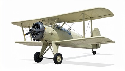 Vintage biplane with radial engine and stacked wings, light beige fuselage, circular propeller hub and exposed cylinders, parked against neutral background.