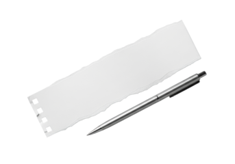 Pristine hand-torn white paper strip with fibrous grain and sleek silver pen, isolated on a seamless transparent background with diffused studio light. Concept of minimalist elegance and precision