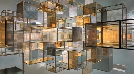 An abstract composition of floating translucent cubes with golden-brown metal frames, reflecting a cloudy sky