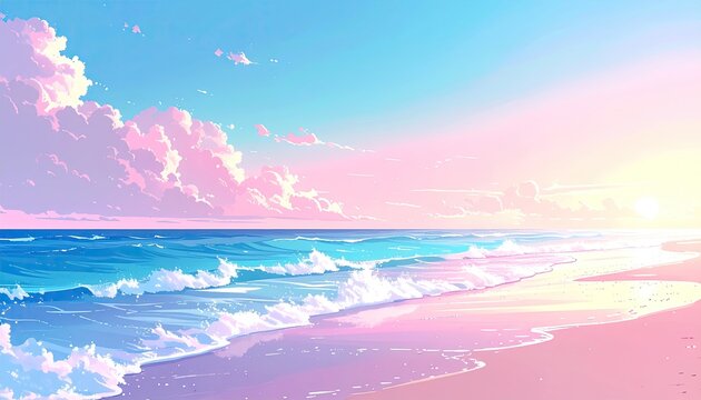 Dreamy pastel beach with fluffy clouds and gentle waves