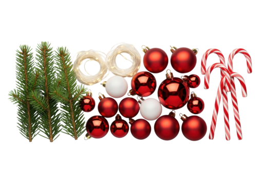Pristine pine sprigs, warm fairy lights, red baubles, candy canes artfully arranged in a high-key studio on transparent, commercial concept of festive elegance - Powered by Adobe
