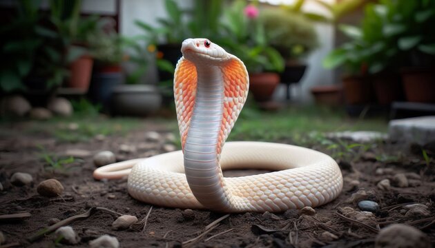 Albino cobra Naja kaouthia on the ground in the garden.