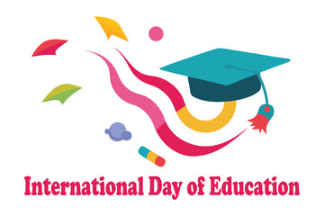 International Day of Education Vector | Graduation Cap with Icons and Paper Airplanes