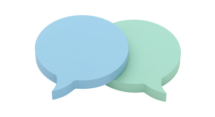 Two pastel speech bubbles isolated on transparent background, communication concept in light blue and green colors, PNG