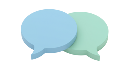Two pastel speech bubbles isolated on transparent background, communication concept in light blue and green colors, PNG