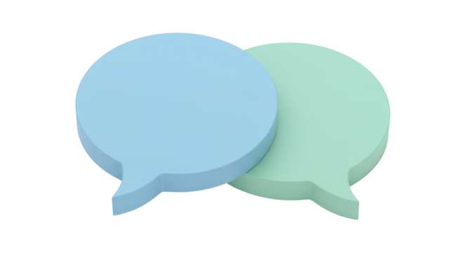 Two pastel speech bubbles isolated on transparent background, communication concept in light blue and green colors, PNG