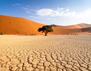 desert scene with a lone tree growing in the middle of a vast, dry landscape
