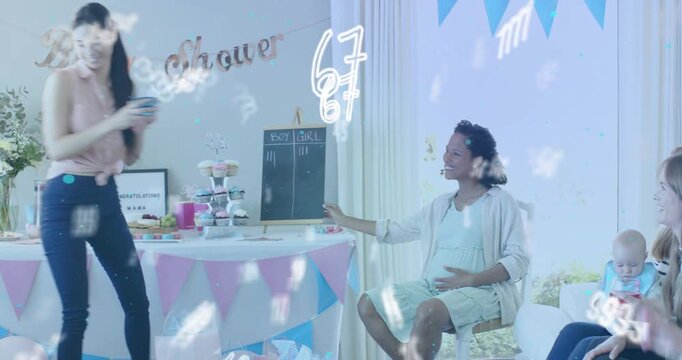 Host tallying marks on Boy|Girl chalkboard for gender reveal in baby shower with confetti floating