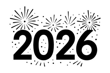 Festive black fireworks with bold 2026 text on white background. Minimalist New Year celebration vector design perfect for holiday cards, posters, banners, and party invitations