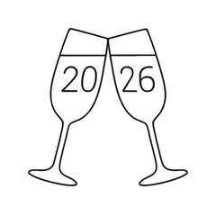 Minimalist black outline of champagne glasses clinking, forming 2026 with numbers split between them. Elegant New Year celebration vector for holiday cards, posters, and festive designs.