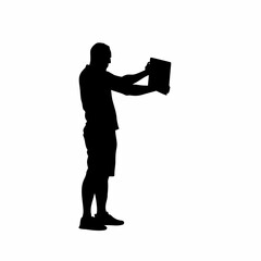 Silhouette of an adult man practicing writing with chalk on a slate isolated on white background