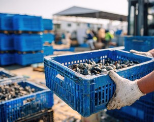 Freshly Harvested Mussels Being Transported in Blue Crates at a Seafood Farm.
