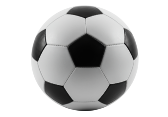 Classic black and white soccer ball isolated on transparent background, traditional sport equipment for football game and recreation