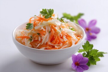 Freshly Prepared Coleslaw Salad with Carrots and Parsley in a White Bowl.