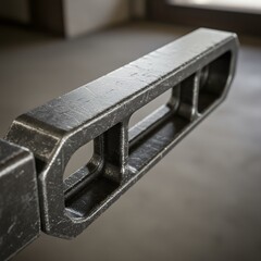 Close-up of a metal structure with rectangular cutouts, showing texture and industrial design.